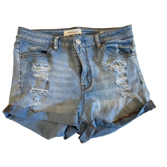 Pacsun Womens Shortie Shorts High Rise Super Stretch Distressed Blue Size 28 - Picture 1 of 9